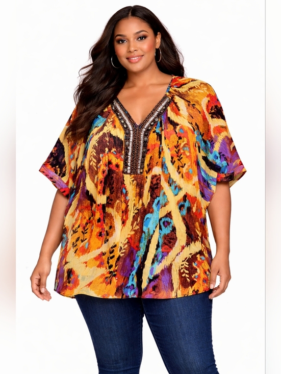 Tattoo Me Tops - Plus Size Embellished V-Neck Print Top Multi- Color Size 3X
